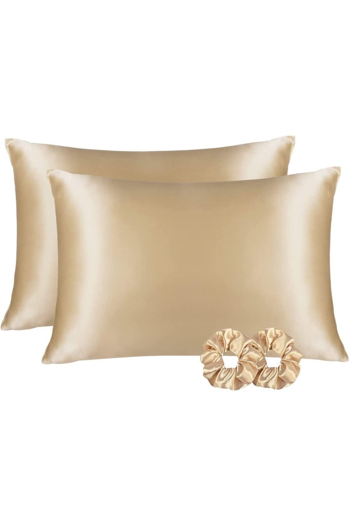 100% Silk Satin 50x70 Cm 2 Pillow Cases & 2 Buckles Beige Color - Swordslife