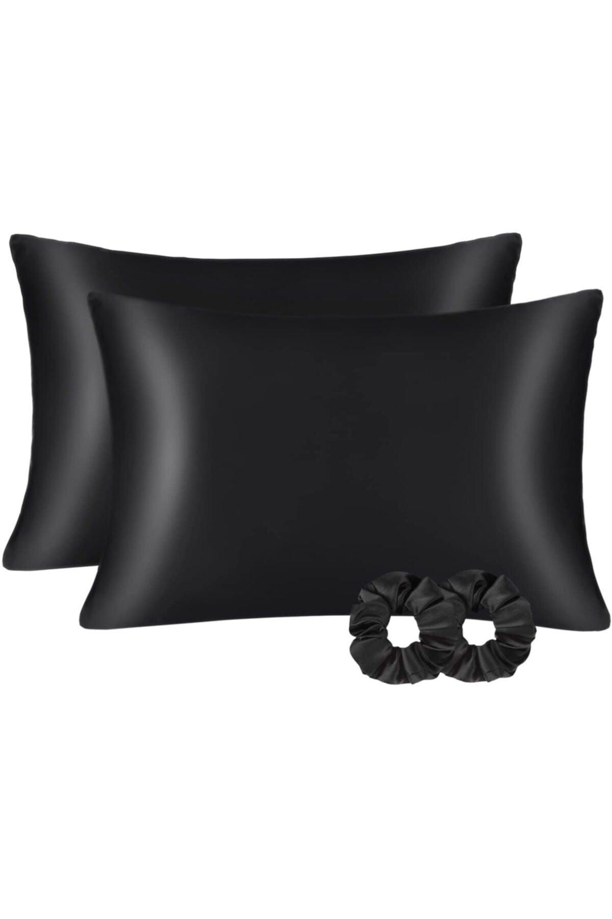 100% Silk Satin 50x70 Cm 2 Pillow Cases & 2 Buckles Black Color - Swordslife
