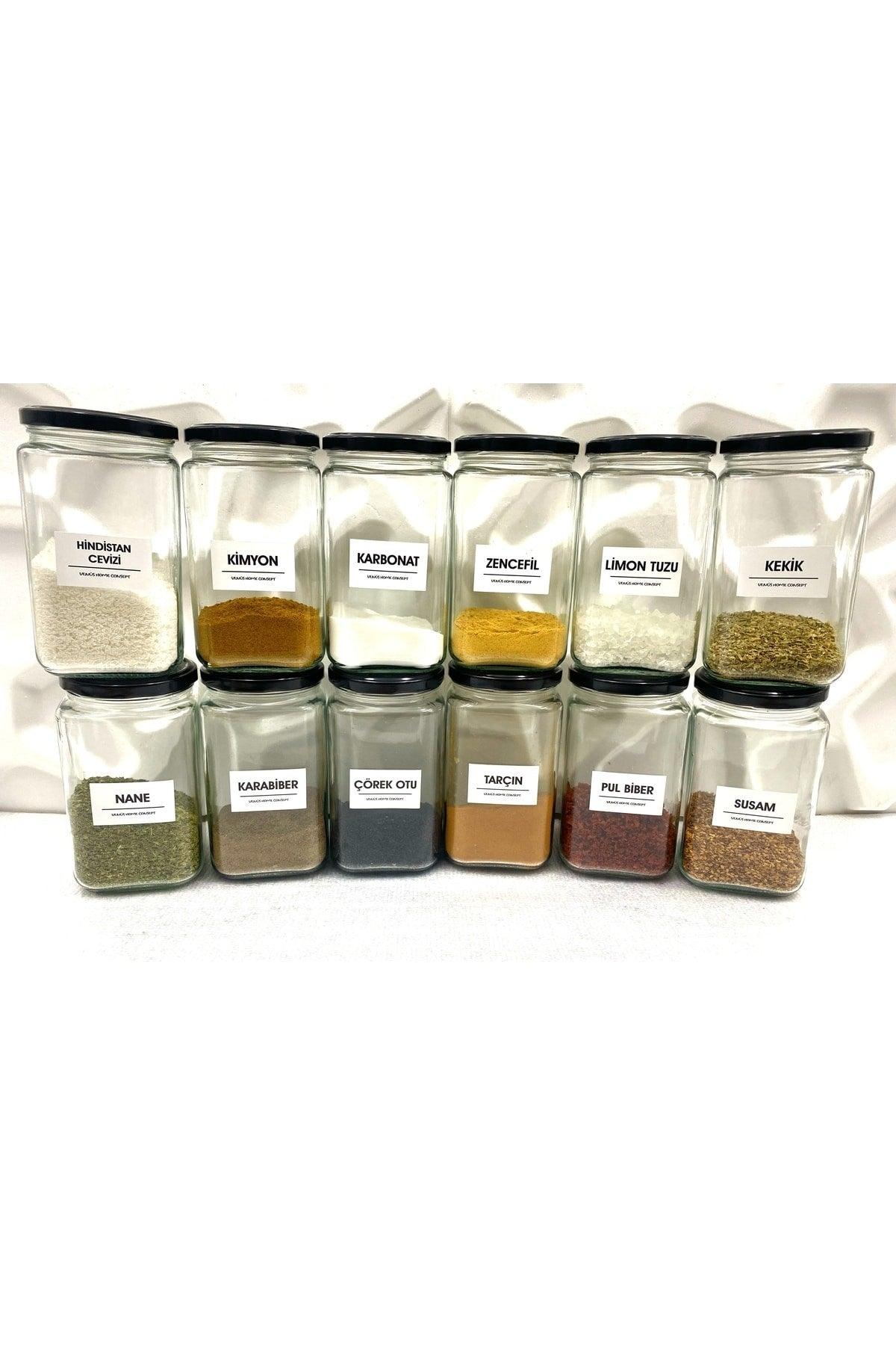 12 Pcs Decorative Kitchen Organizer Glass Spice Holder 850 Cc Black Metal Lid with Label - Swordslife