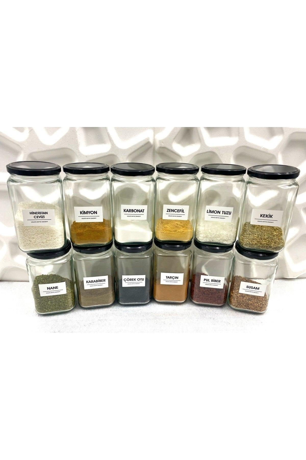 12 Pcs Decorative Kitchen Organizer Glass Spice Holder 850 Cc Black Metal Lid with Label - Swordslife