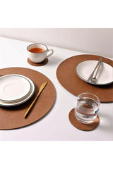 12 Pieces Tan Round Leather Placemat Supla Heat Resistant Non-Slip Washable - Swordslife