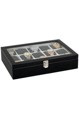 15 Pcs Black Leather Wood Glass Watch Box