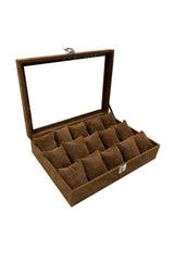 15pcs Wooden, Glass Watch Box Brown Native Suede Coated Brown Suede Padded - Swordslife