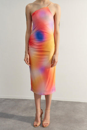 Limited Edition Multicolor Printed Fitted Midi One-Shoulder Stretch Knit Dress TWOSS23EL01577 - Swordslife