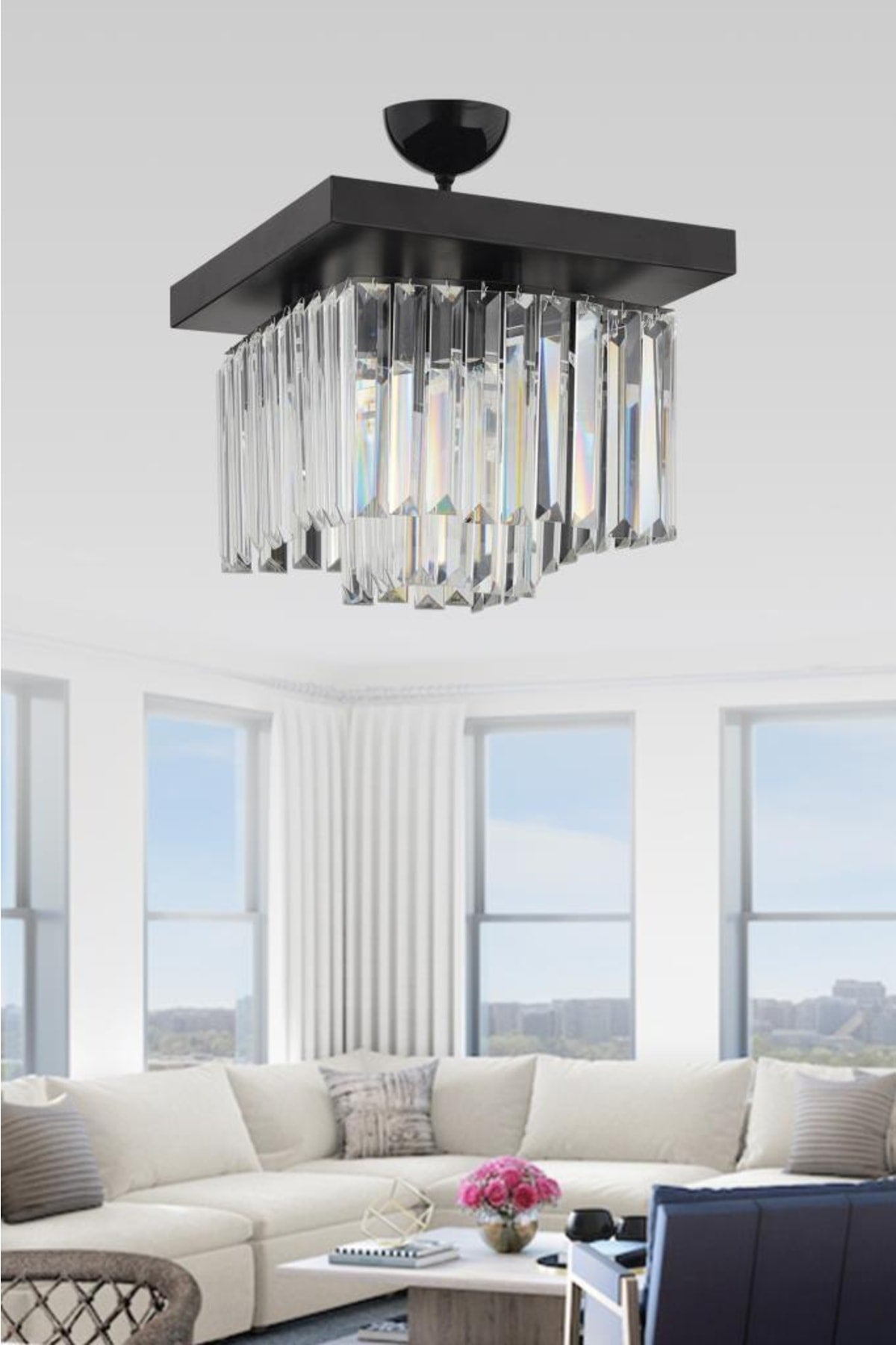 Yasemin 30 Cm Square Black Crystal Stone Chandelier