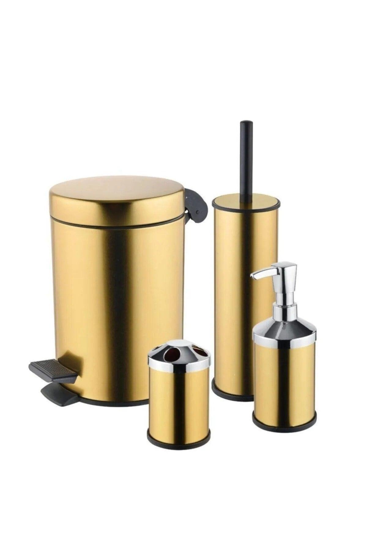 Pedal Dustbin Toilet Brush Soap Dispenser Toothbrush Holder 4 Pcs Bathroom Set Gold Color - Swordslife