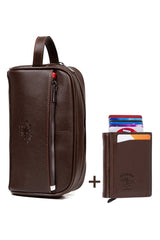 Men's Leather Travel Shaving Cosmetic Handbag Portfolio Bag And Mechanism Wallet Set