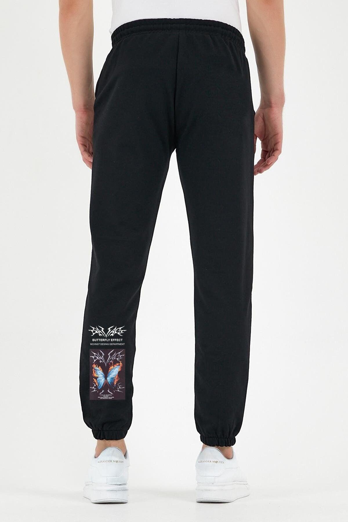 Black Unisex Butterfly Printed Jogger Sweatpants - Swordslife