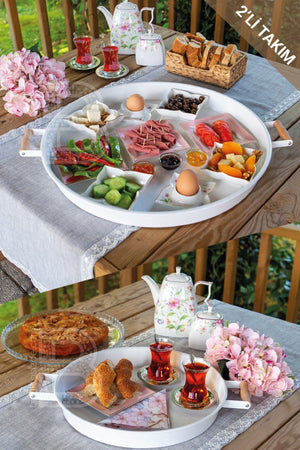 2 Wooden Handled 51 Cm Metal Tray And 37 Cm White Tray Tea Coffee Serving Tray