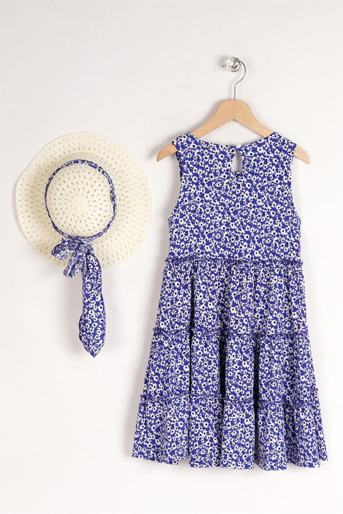 Girl'S Sax Colored Floral Patterned Dress With Hat Accessory