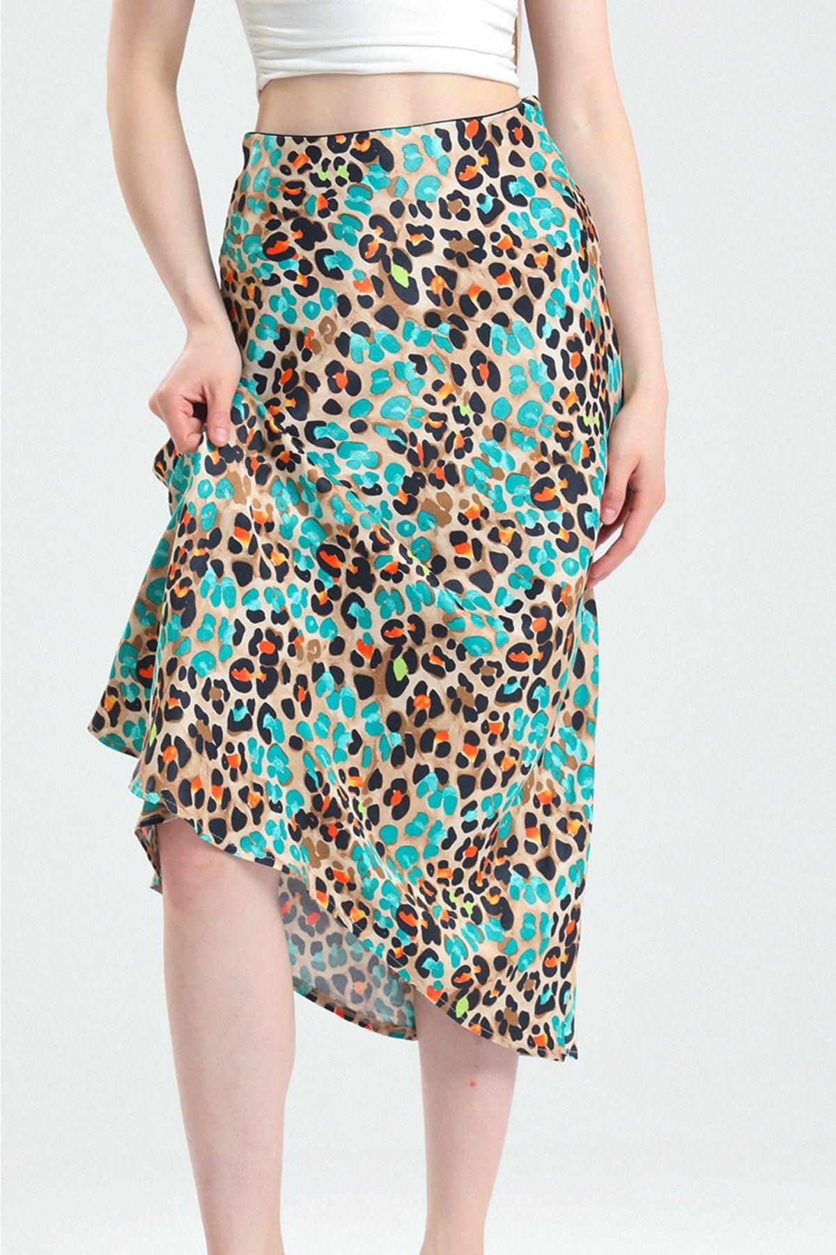 Patterned Viscose Midi Length Satin Skirt - Turquoise - Swordslife