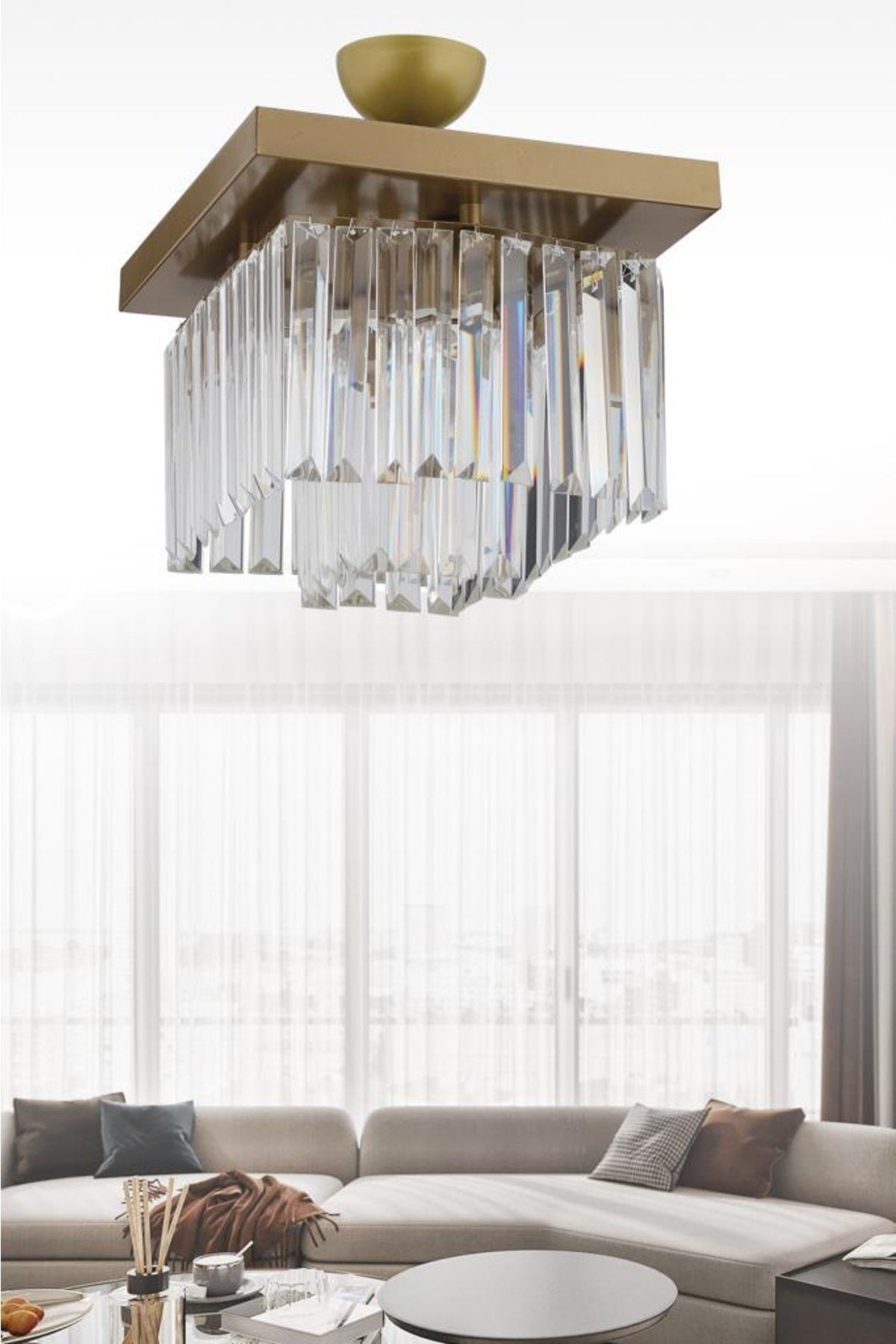 Yasemin 30 Cm Square Antique Crystal Stone Chandelier