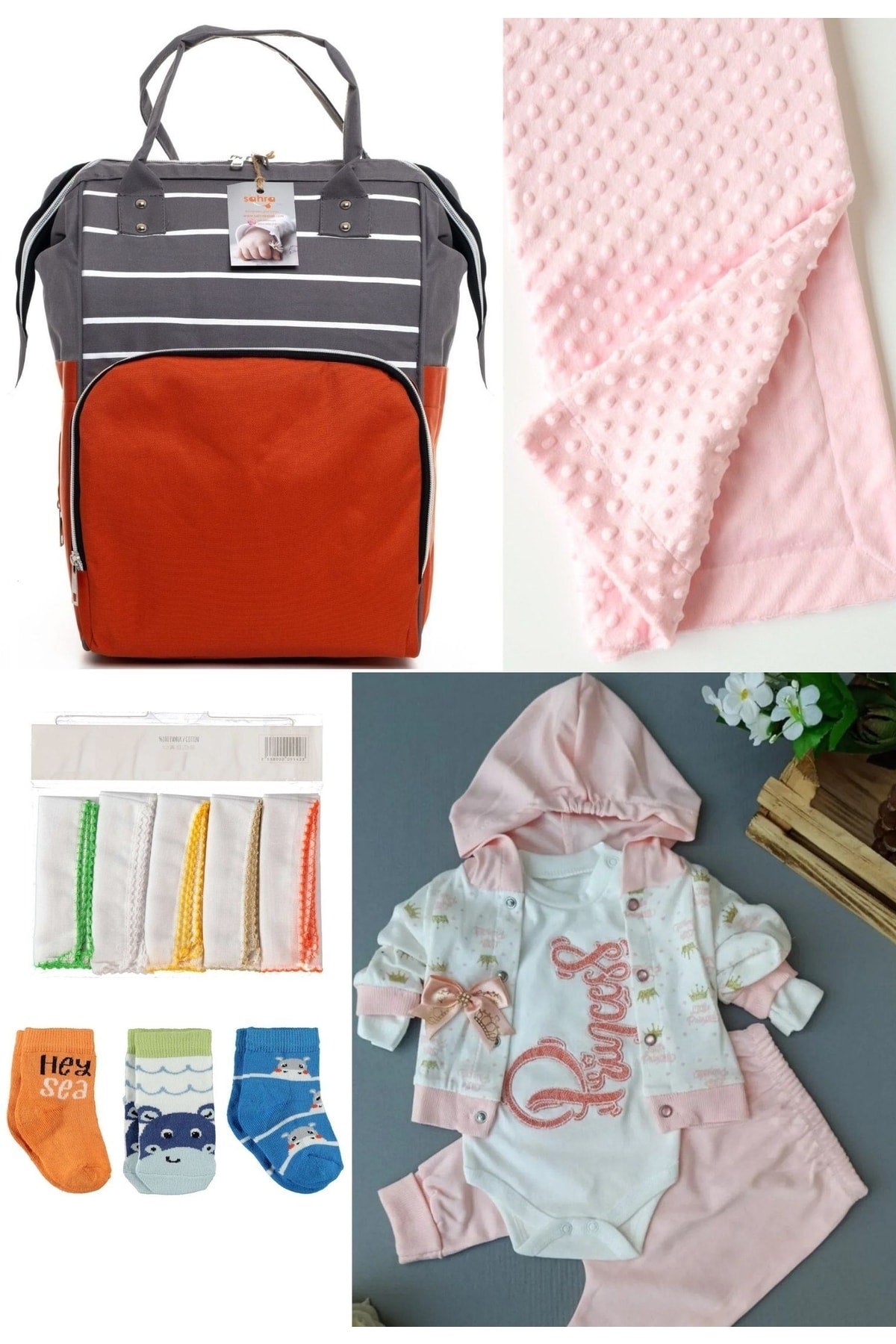 5-teiliges Schwangerschaftsset (Babypflegerucksack, Krankenhausausgang, Kichererbsendecke, 10 Feuchttücher und 3 Socken)