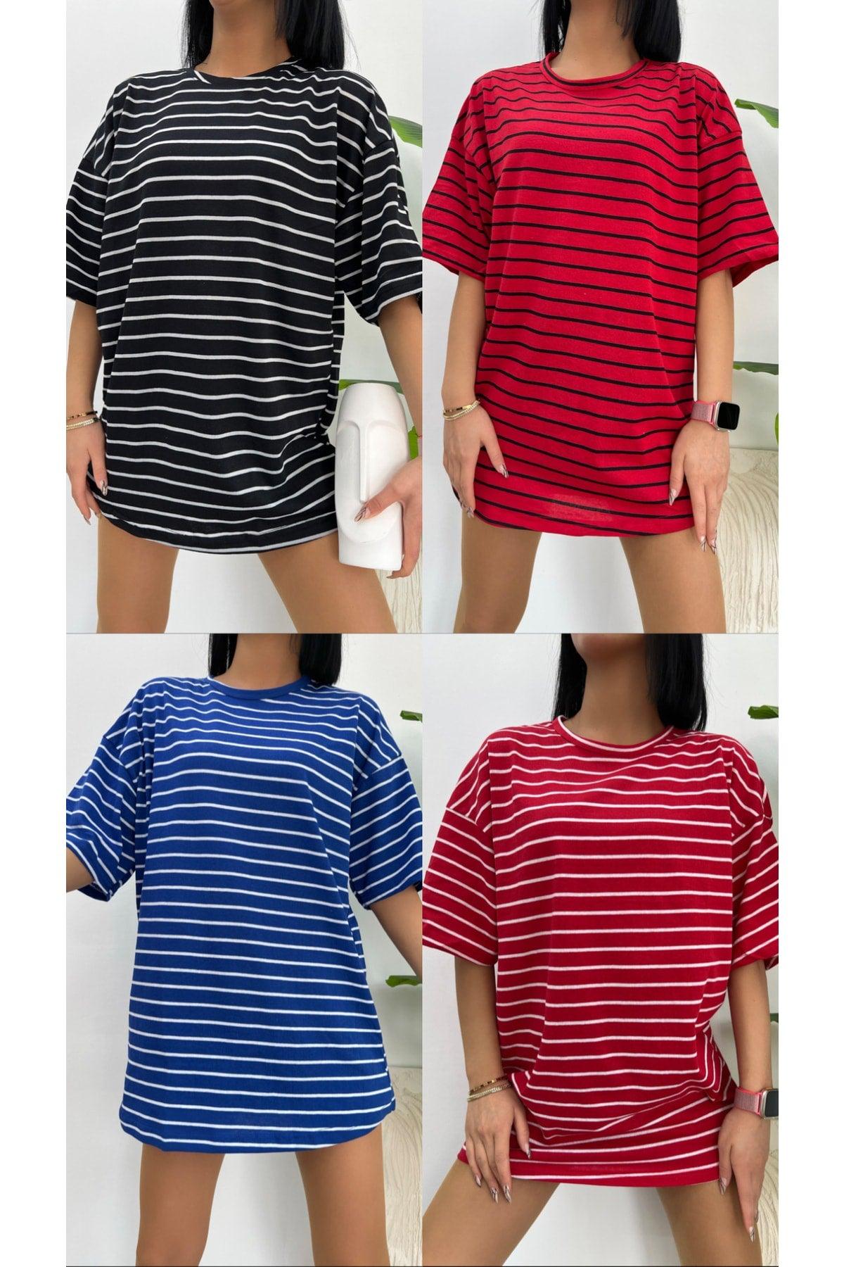 4 Pack Unisex Crew Neck Cotton Striped Oversize Boyfriend T-shirt Beybun Boutique - Swordslife