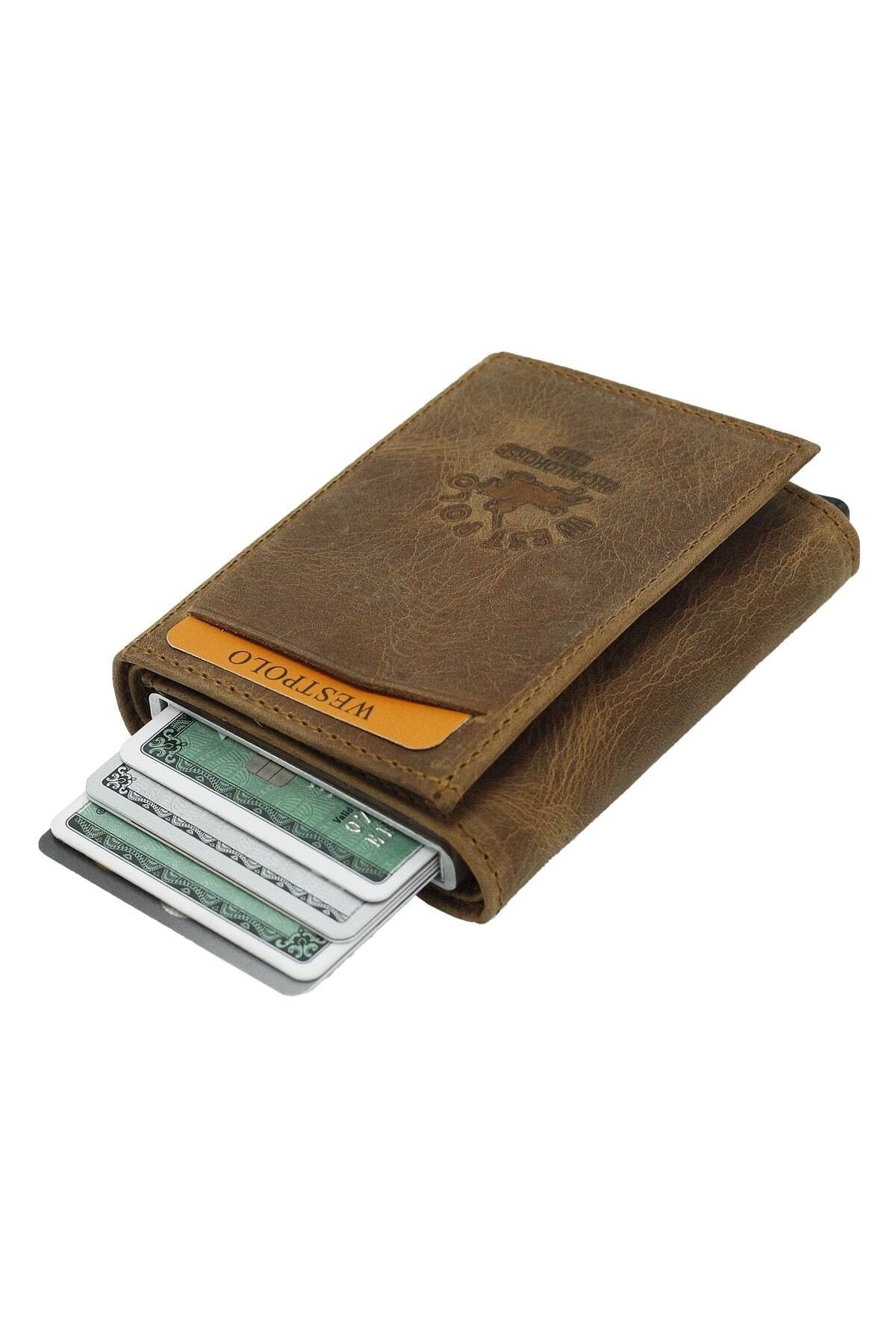 Men'S Dark Tan Genuine Leather Mechanism Wallet Card Holder