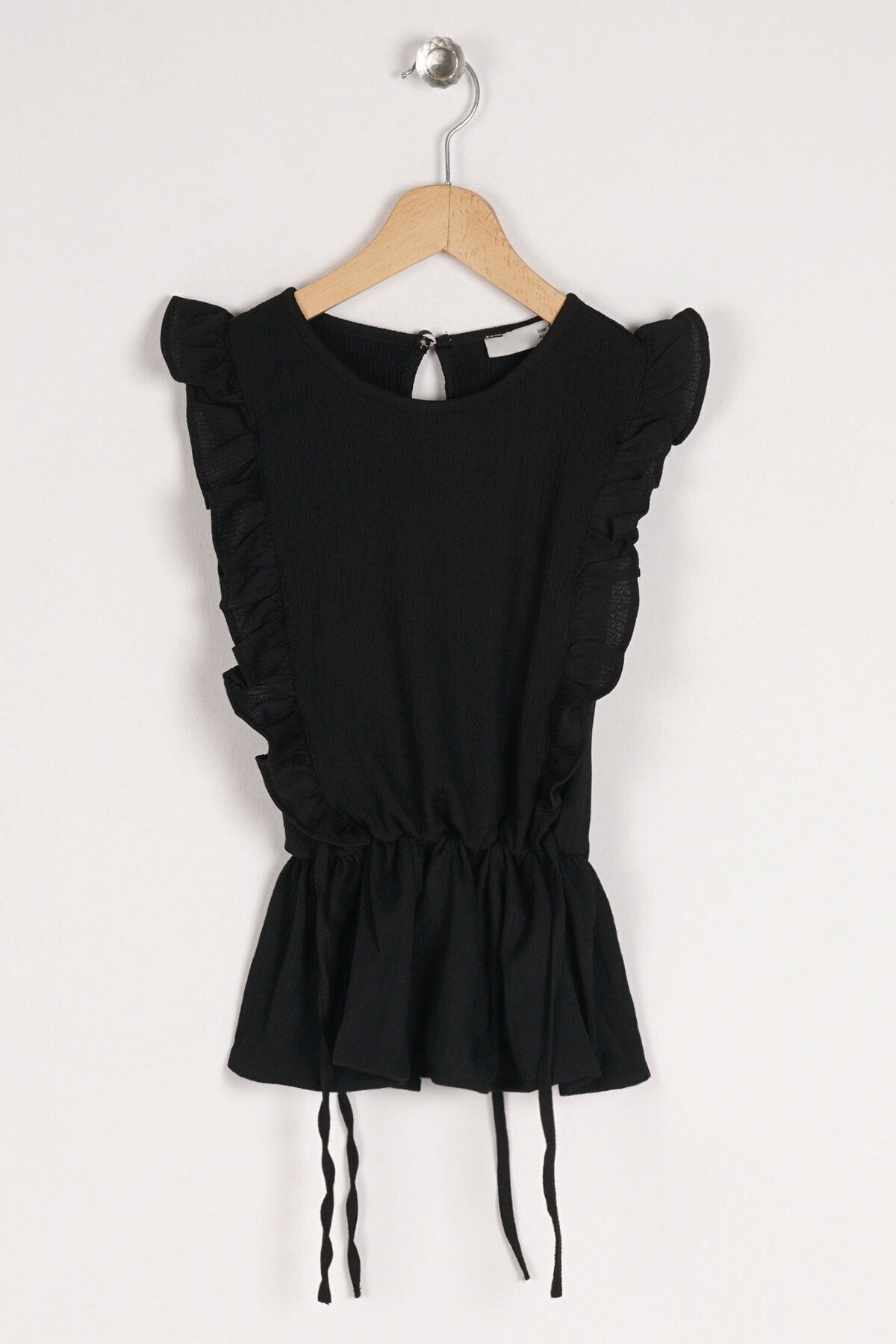 Girl's Black Color Frilly Waist Elastic Detailed T-Shirt