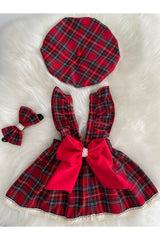 Baby Girl Lacy Red Plaid Dress Bandana Hat Set