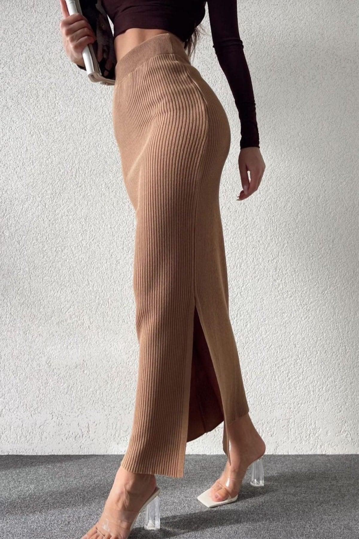 Women's Mink Corduroy Knitted Knitwear Slit Skirt - Swordslife