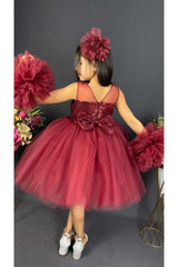 Chiffon Robe Pompom Sleeve Sequined Girls Fluffy Skirt Tulle Evening Dress Claret Red