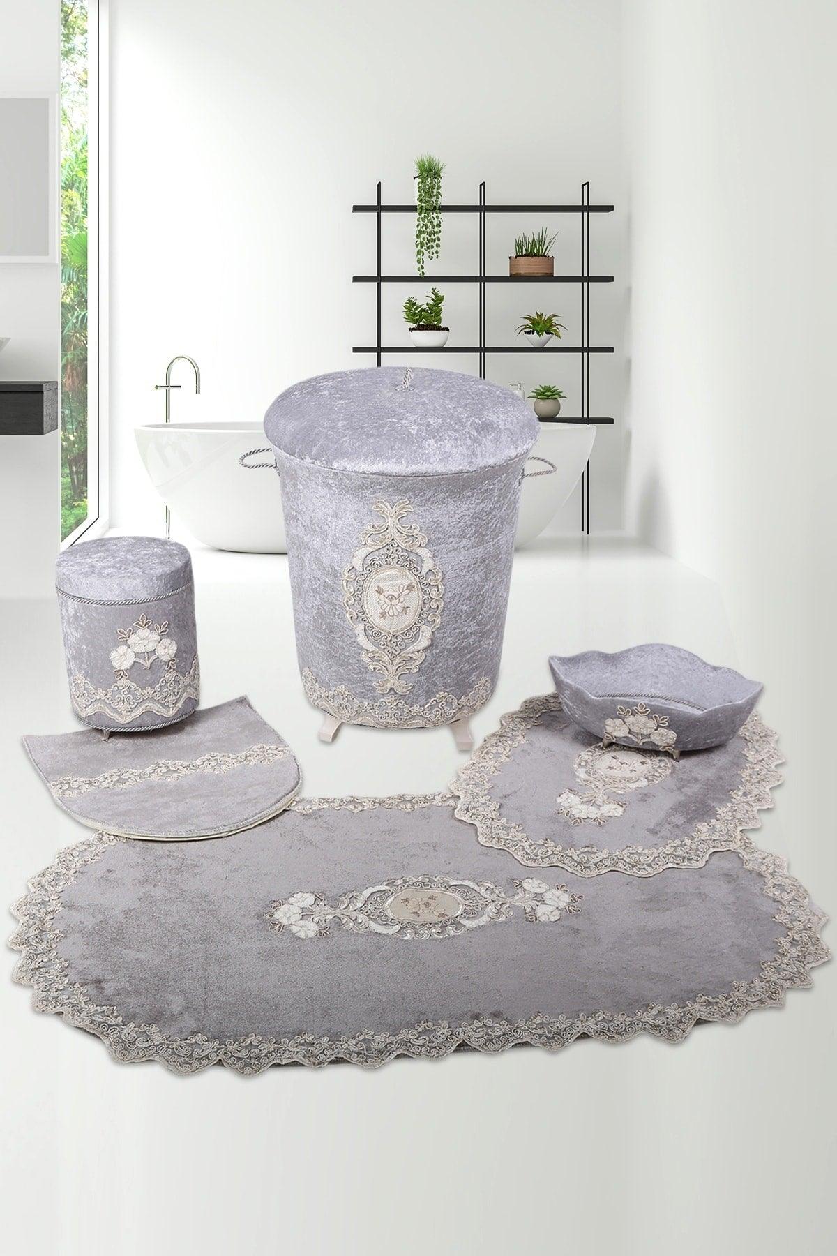 Lisa Gray 6 Piece Lacy Bathroom Dirty Laundry Basket Set Bath Mat Set - Swordslife