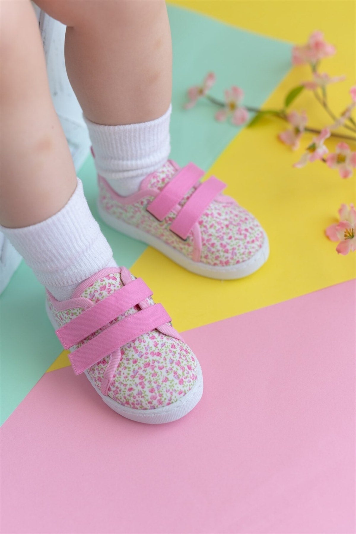 Kinder-Sportschuhe aus Leinen mit Blumenmuster und doppeltem Klettverschluss-Pink-F-498