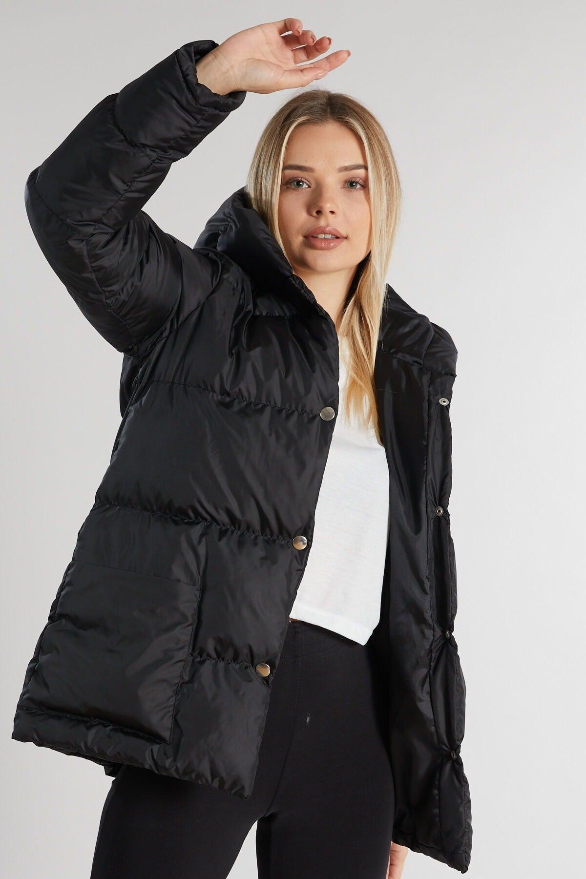 Women's Black Monica Regular Fit Long Front Button Filled Waterproof Fabric Hooded Coat Tbg094 - Swordslife