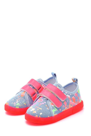 Double Velcro Neon Sole Kids Linen Sports Shoes-blue-f-4002