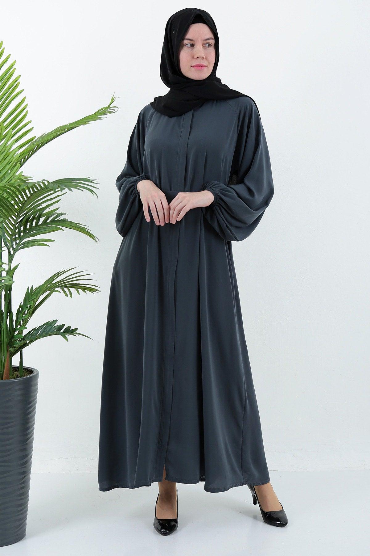 Gray Plaid Zippered Belted Pocket Abaya Hijab - Swordslife