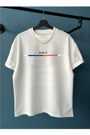 Men'S White Chest Slim Stripe Paris Printed Oversize Crew Neck T-Shirt