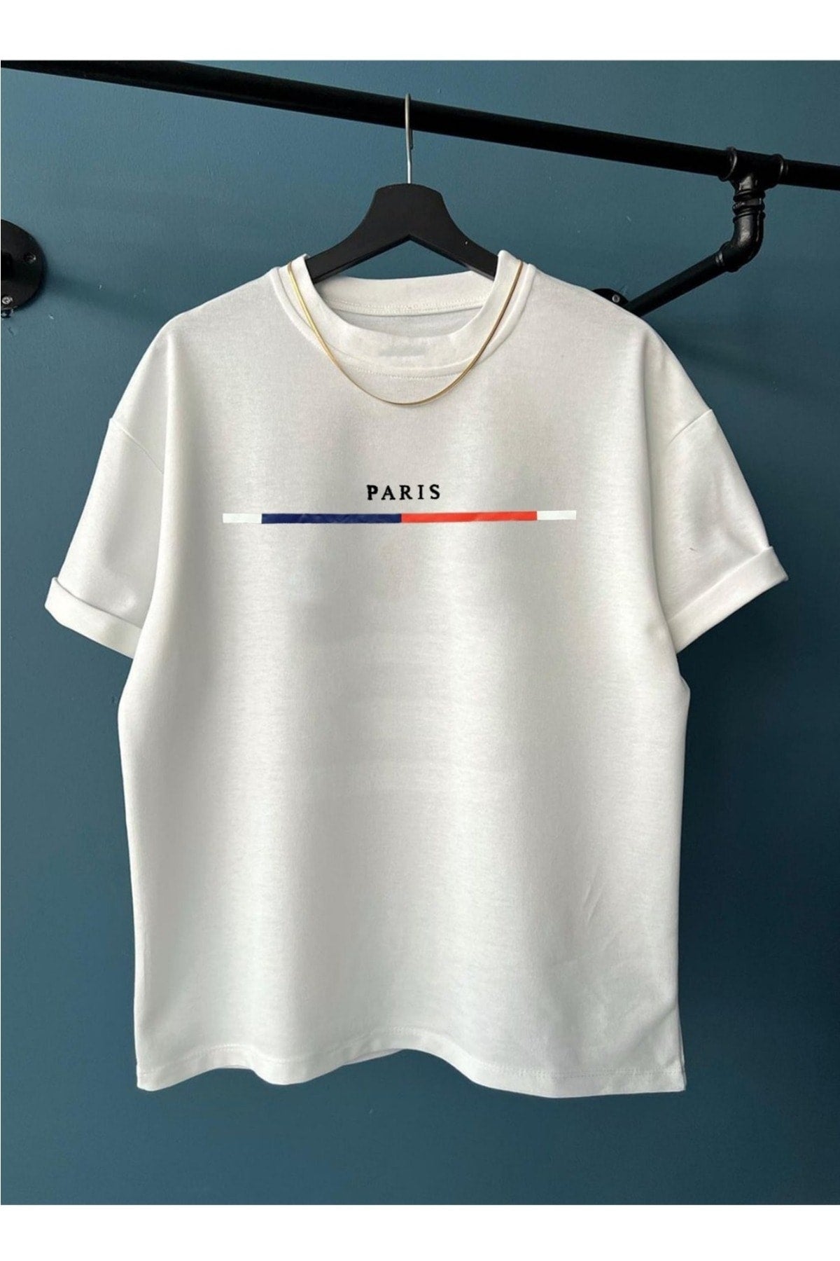 Men's White Chest Slim Stripe Paris Printed Oversize Crew Neck T-Shirt