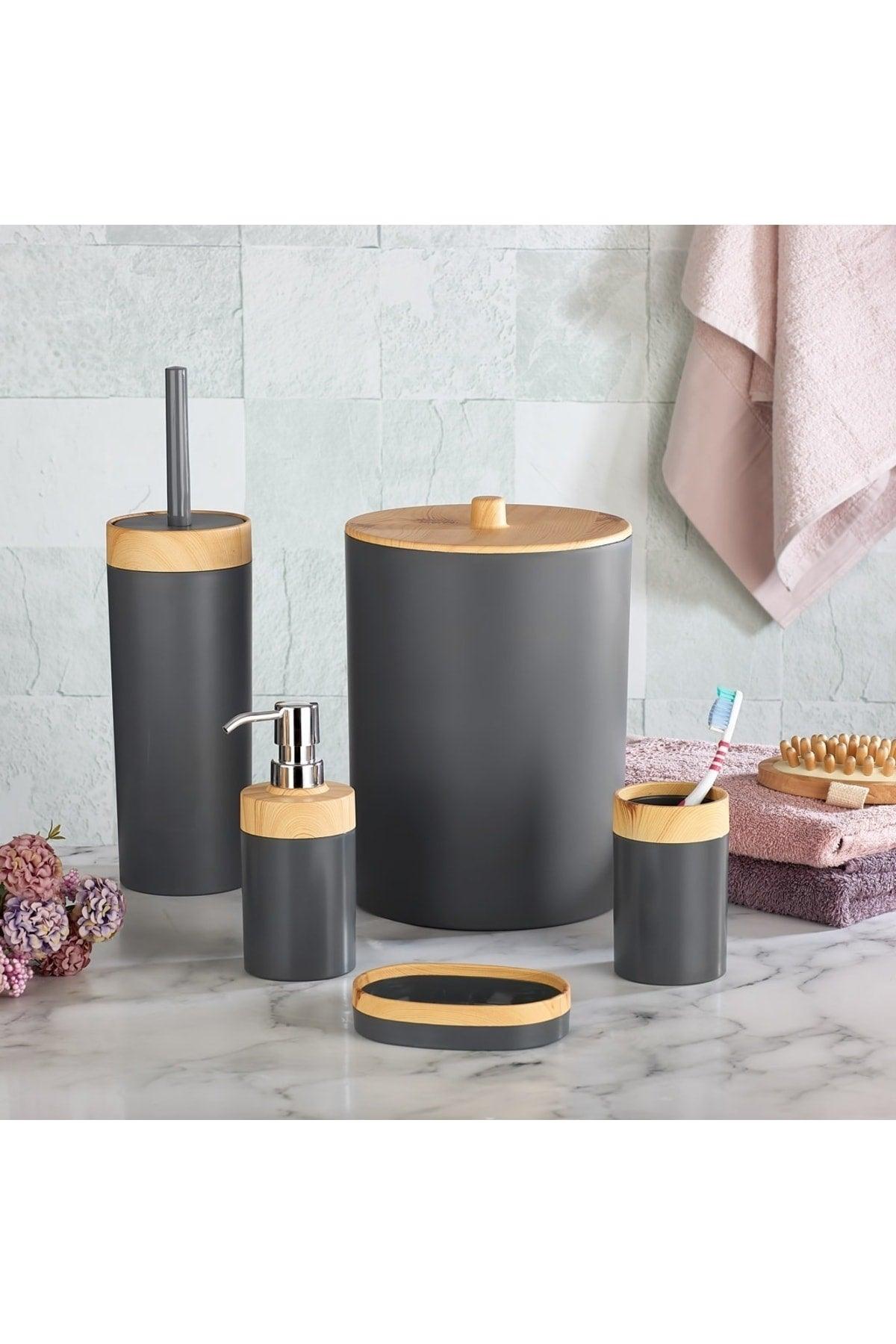 Limpia Bamboo Patterned Bathroom Set of 5 Trash Can Liquid Soap Dispenser Toothbrush Box Bathroom Set Gray - Swordslife