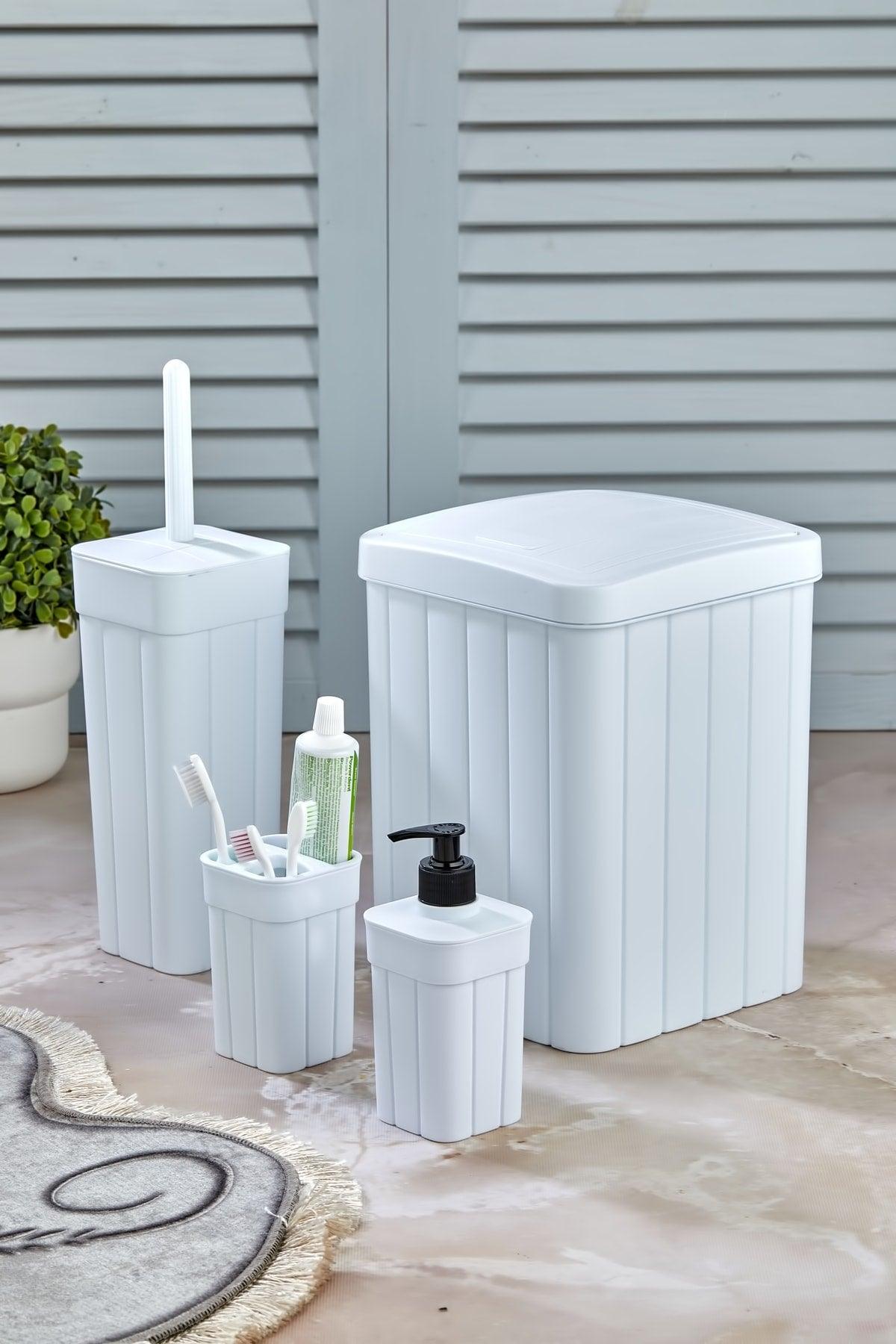 Trend Lux Roving Striped Patterned Bathroom Trash Bin-WC Toilet Brush-Soap Dispenser-Tooth Brush Holder White - Swordslife