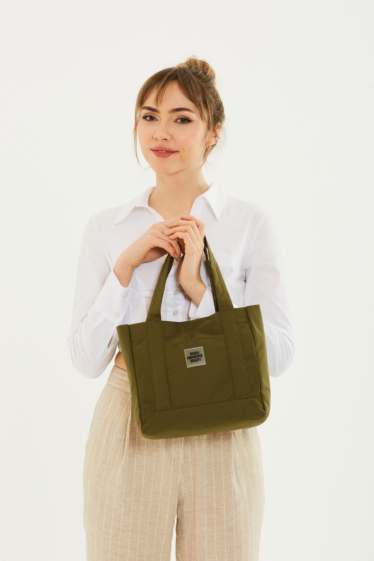 Khaki Green U37 Snap Closure 2 Compartment Front Pocket Detailed Canvas Fabric Casual Women'S Arm And Shoulder Bag