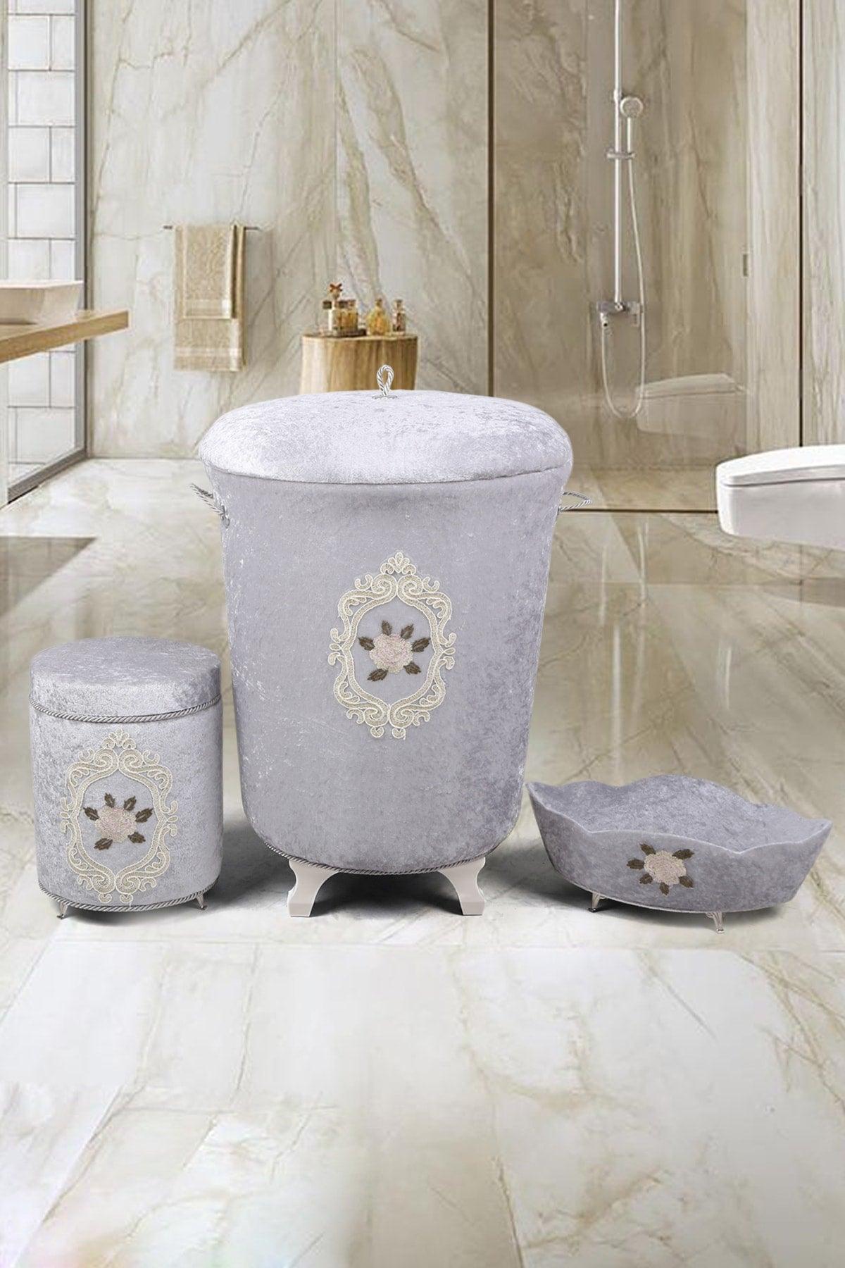 Shems Gray Velvet Bathroom Set Guipure Dirty Laundry Basket Set of 3 - Swordslife