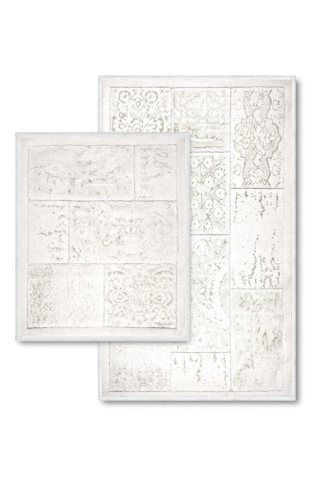 Datça Patchwork Natural Cotton 2 Piece Bathroom Rug Set 60x100 50x60 Cm White - Swordslife