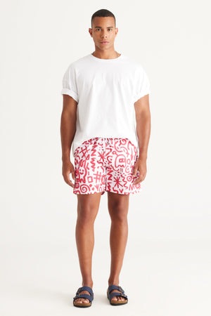 Men'S White Red Standard Fit Regular Fit Side Pockets Patterned Swimwear Marine Shorts