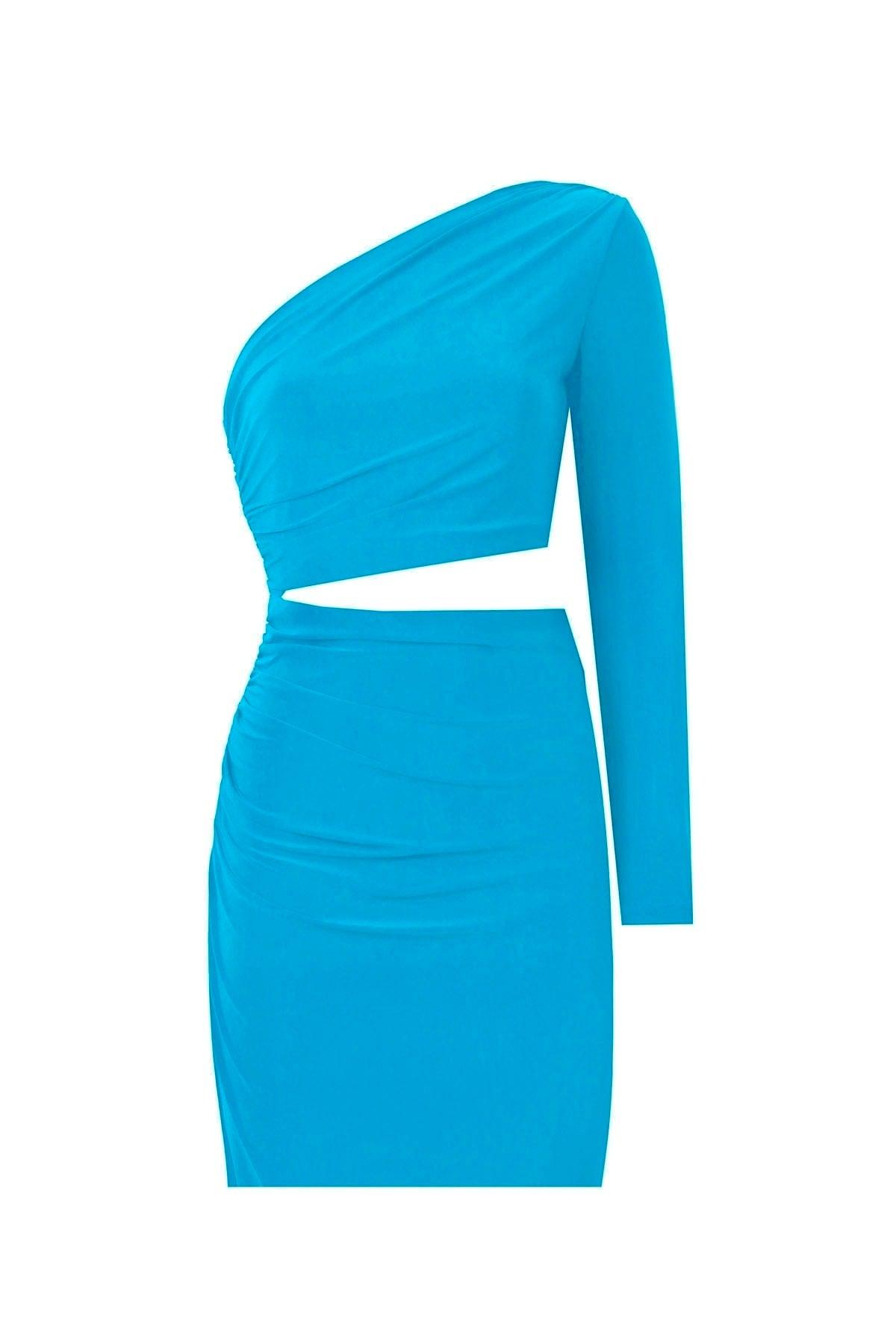 Blue Single Sleeve Side Draped Belly Window Mini Evening Dress - Swordslife