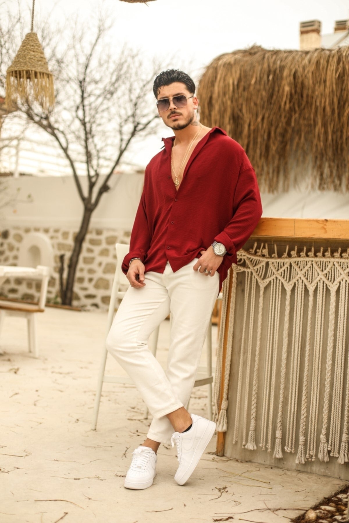 Textured Oversize Shirt Claret Red 70171021