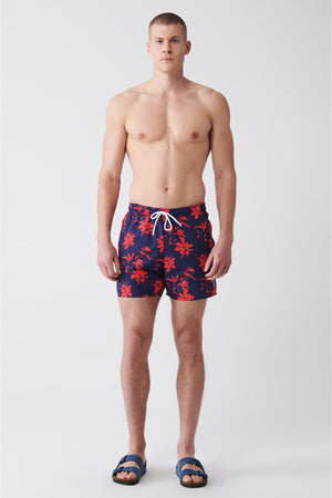 Men'S Navy Blue-Red Quick Dry Printed Standard Size Swimwear Marine Shorts E003802