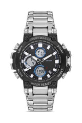 Black Case Blue Detailed Steel Band Analog & Digital Men's Wristwatch