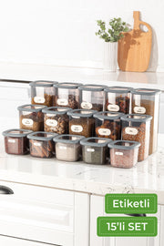 Labeled 15 Piece Square Food Storage Container Set 5X(0.55 Liter, 1.2 Liter, 1.75 Liter) Anthracite