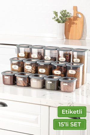 Labeled 15 Piece Square Food Storage Container Set 5X(0.55 Liter, 1.2 Liter, 1.75 Liter) Anthracite