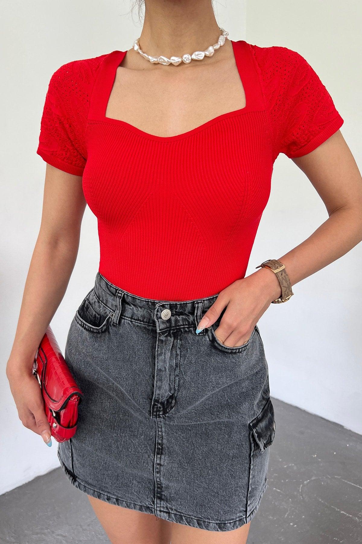 Women's Red Sleeve Knit Detailed Short Sleeve Heart Collar Knitwear Blouse - Swordslife