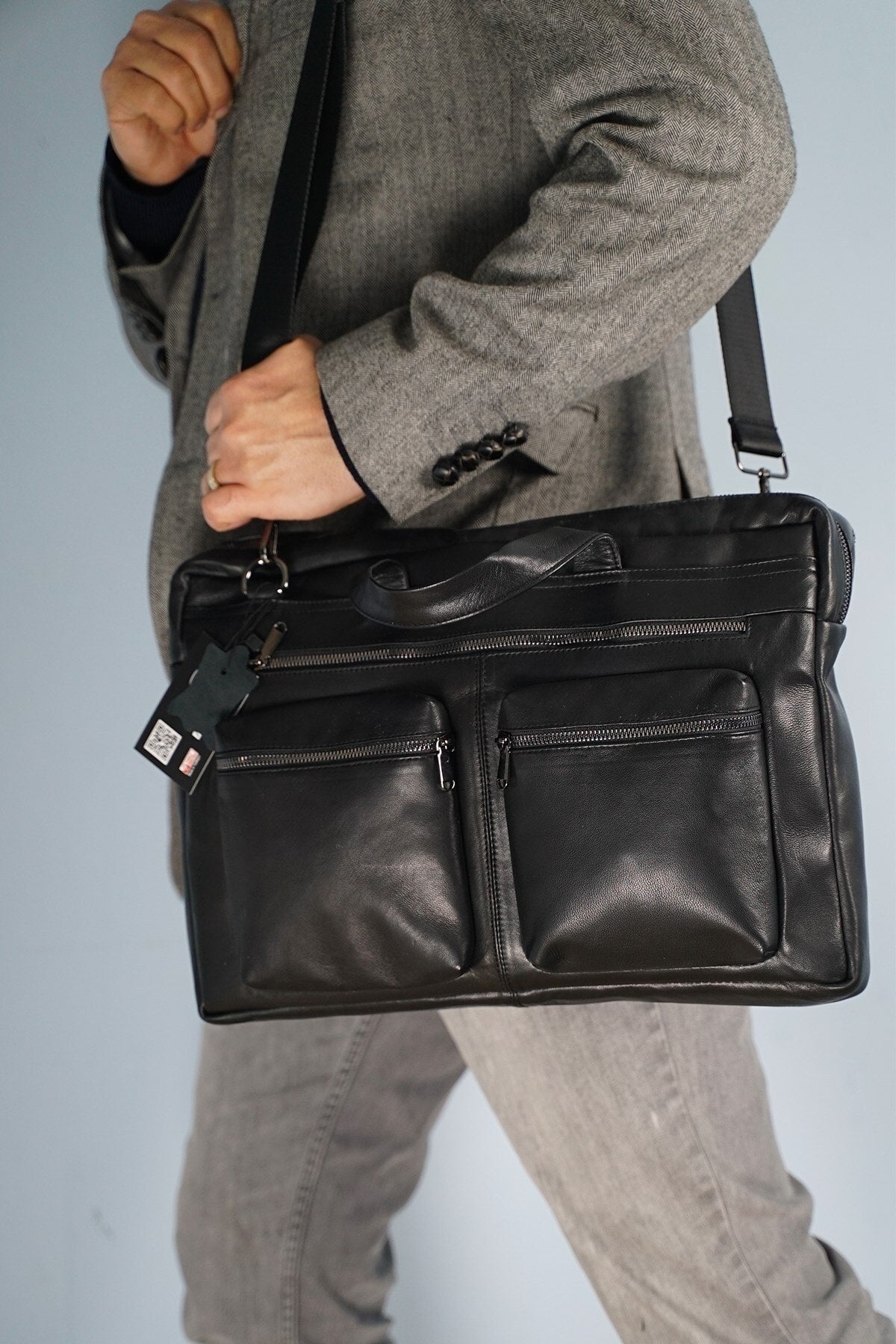 Men'S Black Genuine Leather Large Size Briefcase Laptop Hand And Shoulder Bag