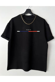 Men'S Black Chest Slim Stripe Paris Printed Oversize Crew Neck T-Shirt