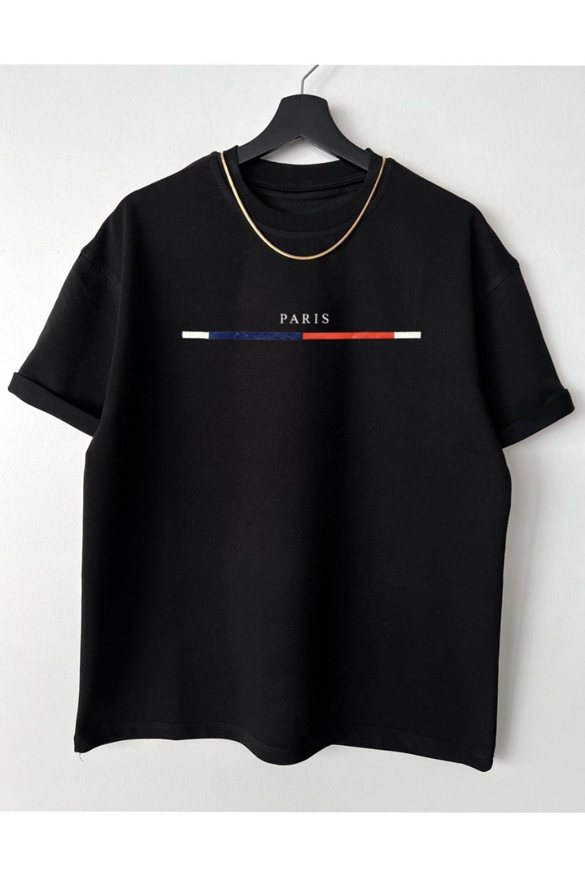 Men's Black Chest Slim Stripe Paris Printed Oversize Crew Neck T-Shirt