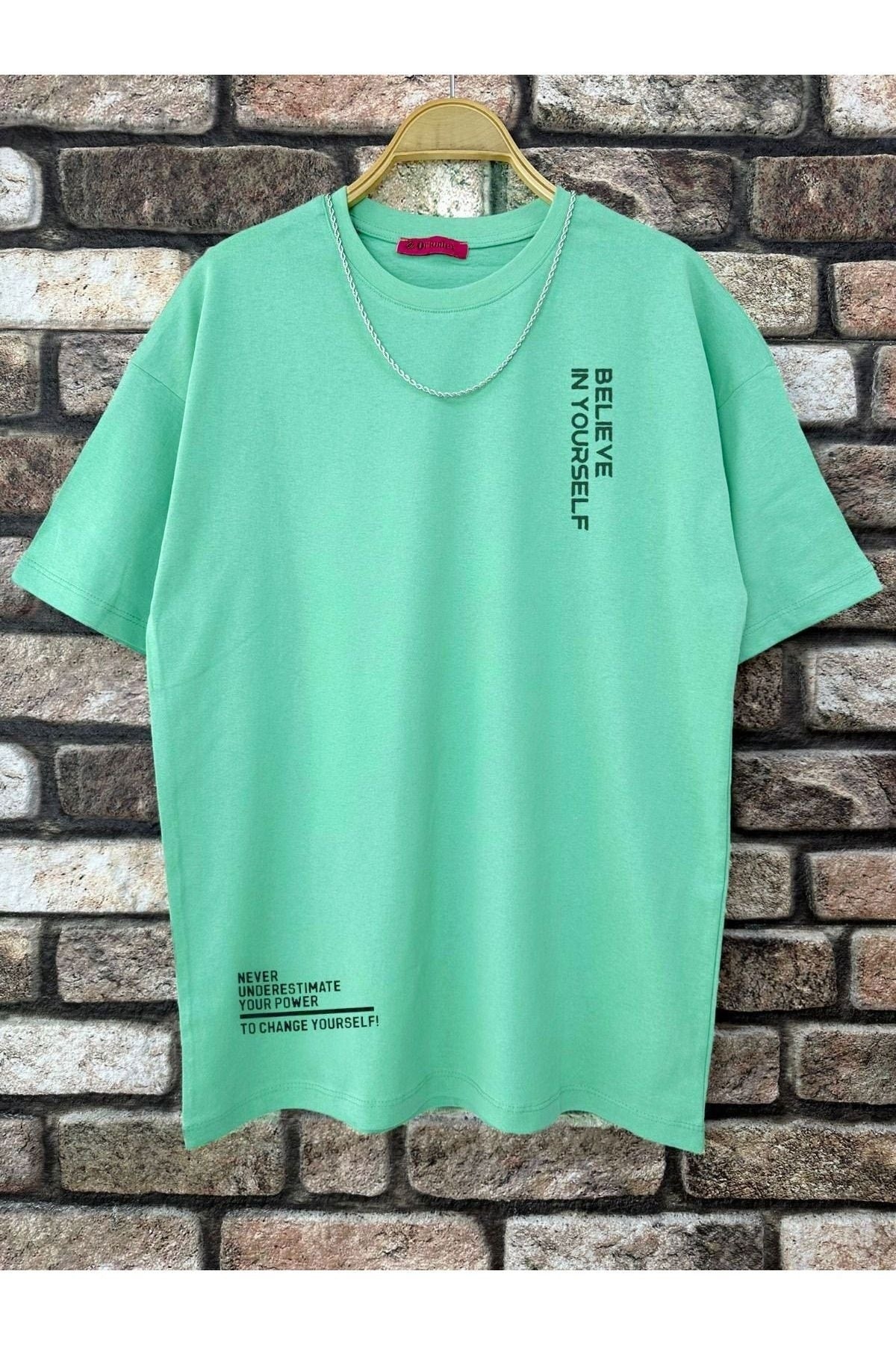 Men'S Aqua Green Believe Printed Oversize T-Shirt