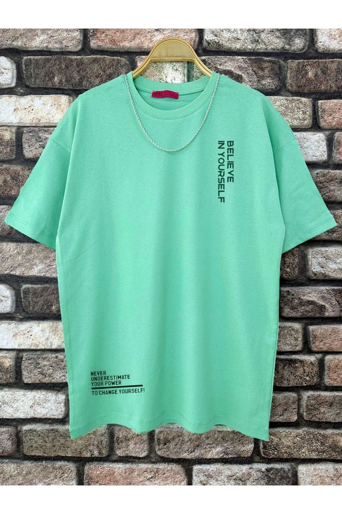 Men's Aqua Green Believe Printed Oversize T-shirt