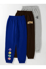 3-Pack Logo Pattern Printed Jogger Sweatpants - Saxe Blue, Brown And Grey, Elastic Legs, Summer