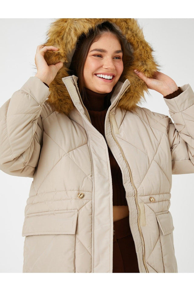 Inflatable Coat Hooded Faux Fur Detailed Pocket Tie Waist - Swordslife